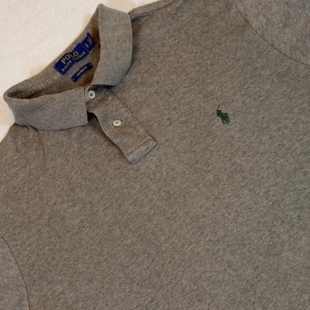 Polo Ralph Lauren Mens Custom Fit Gray Polo Shirt Short Sleeve Green Pony Size L